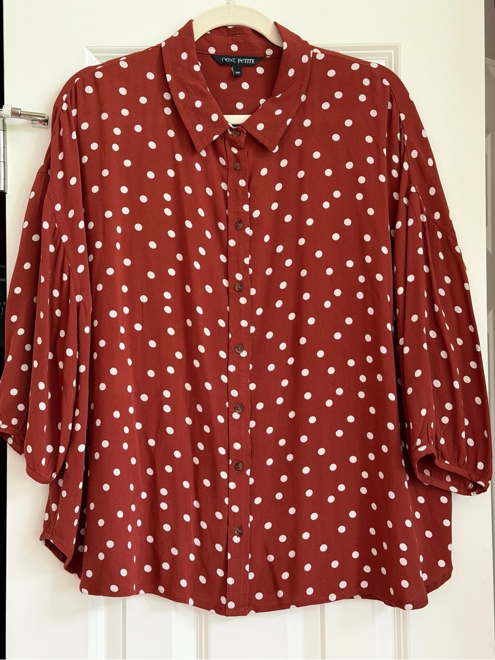 NEXT UK Petite Polka Dot Button Blouse Oversized Fit Brown Sz UK 16P / US 12P